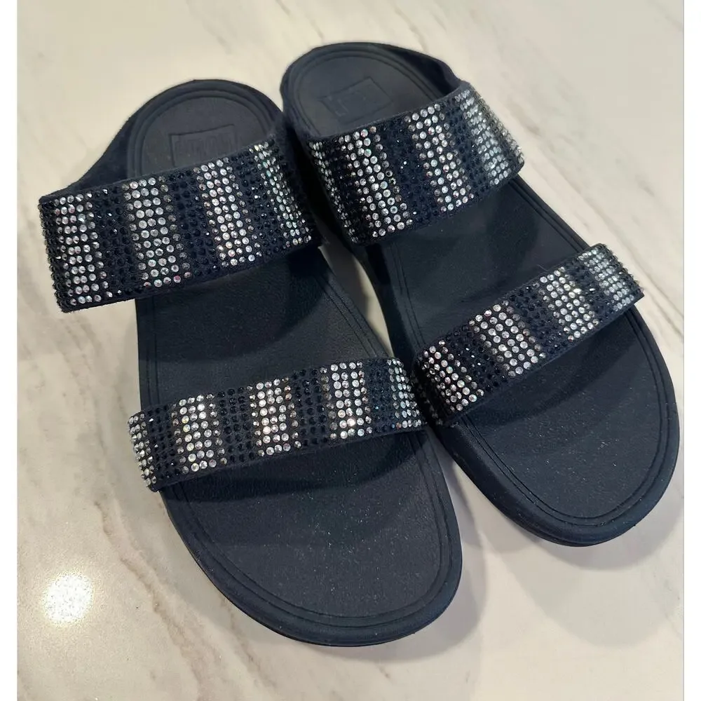 FitFlop Women’s Size 10 Navy Blue Rhinestone Crystal Two Strap Slide Sandals